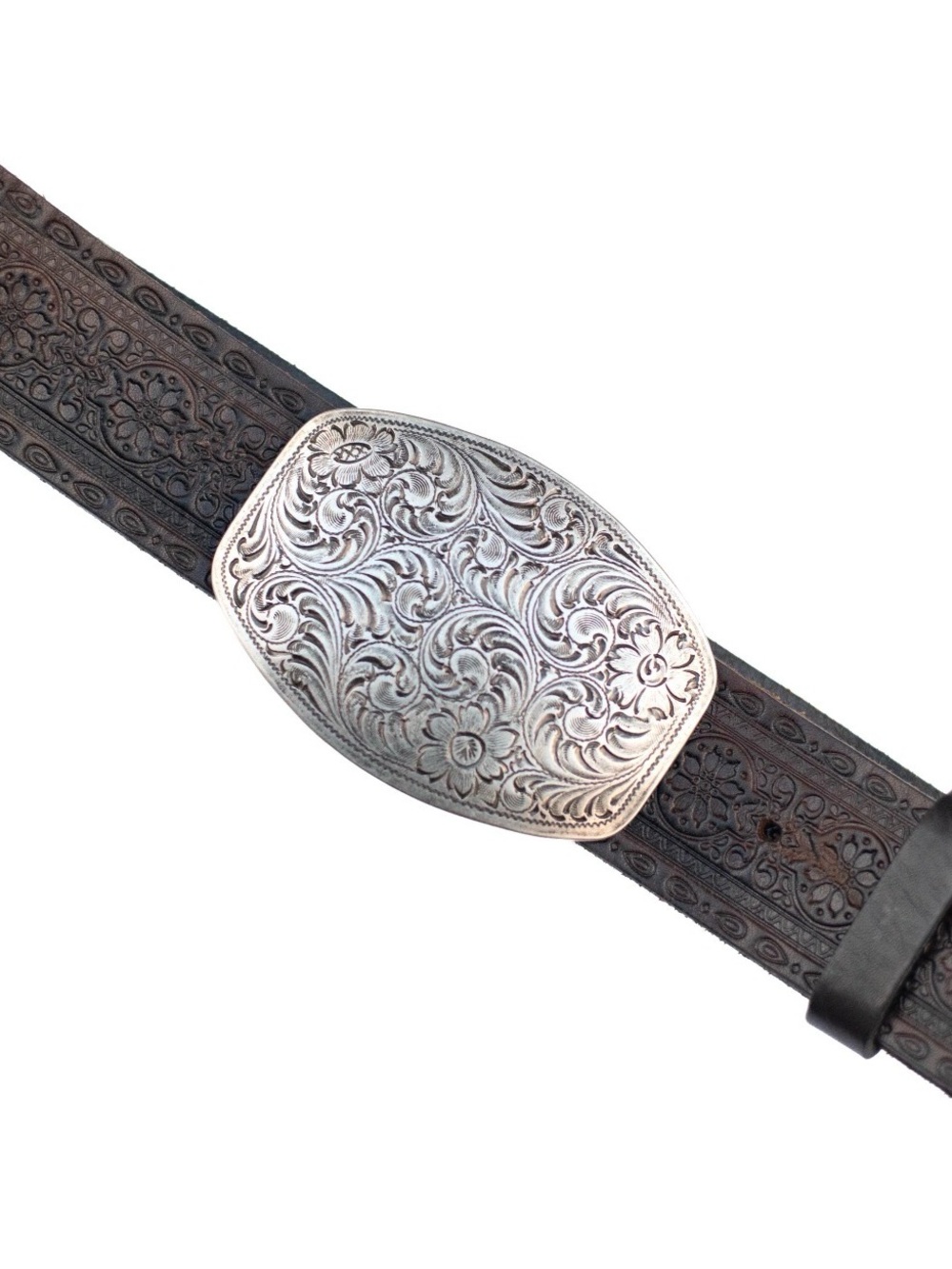 Vintage 1980s Women’s Western Belt Embossed Black Leather Silver Ornate Buckle M